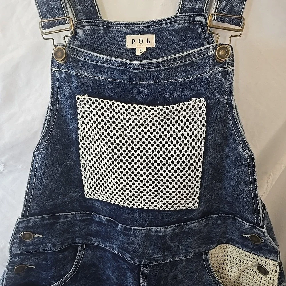 POL Denim Dark Wash Overalls Wide Leg Crochet Patchwork Size S NWT Boho - Picture 7 of 16